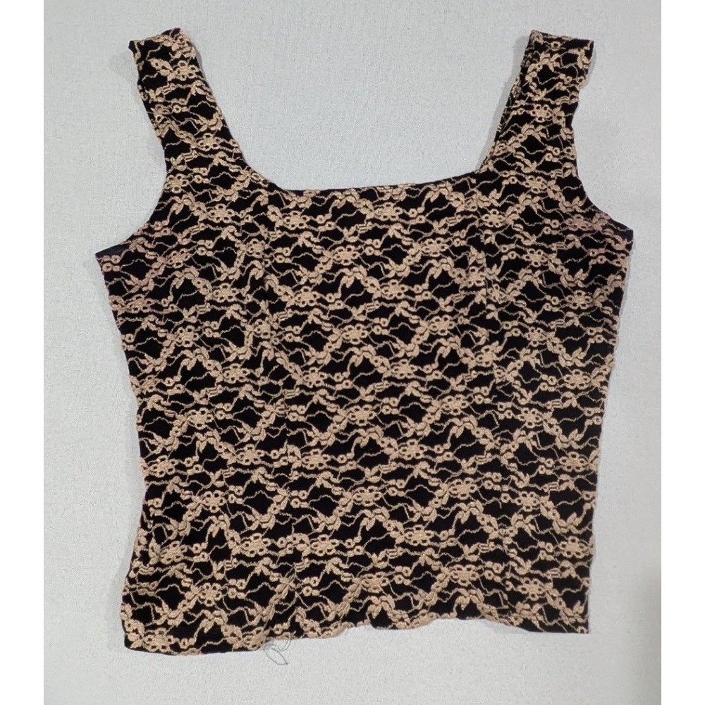 Dressbarn Lace Tank Top Womens 1XL Black Tan Excellent Square Neck Sleeveless
